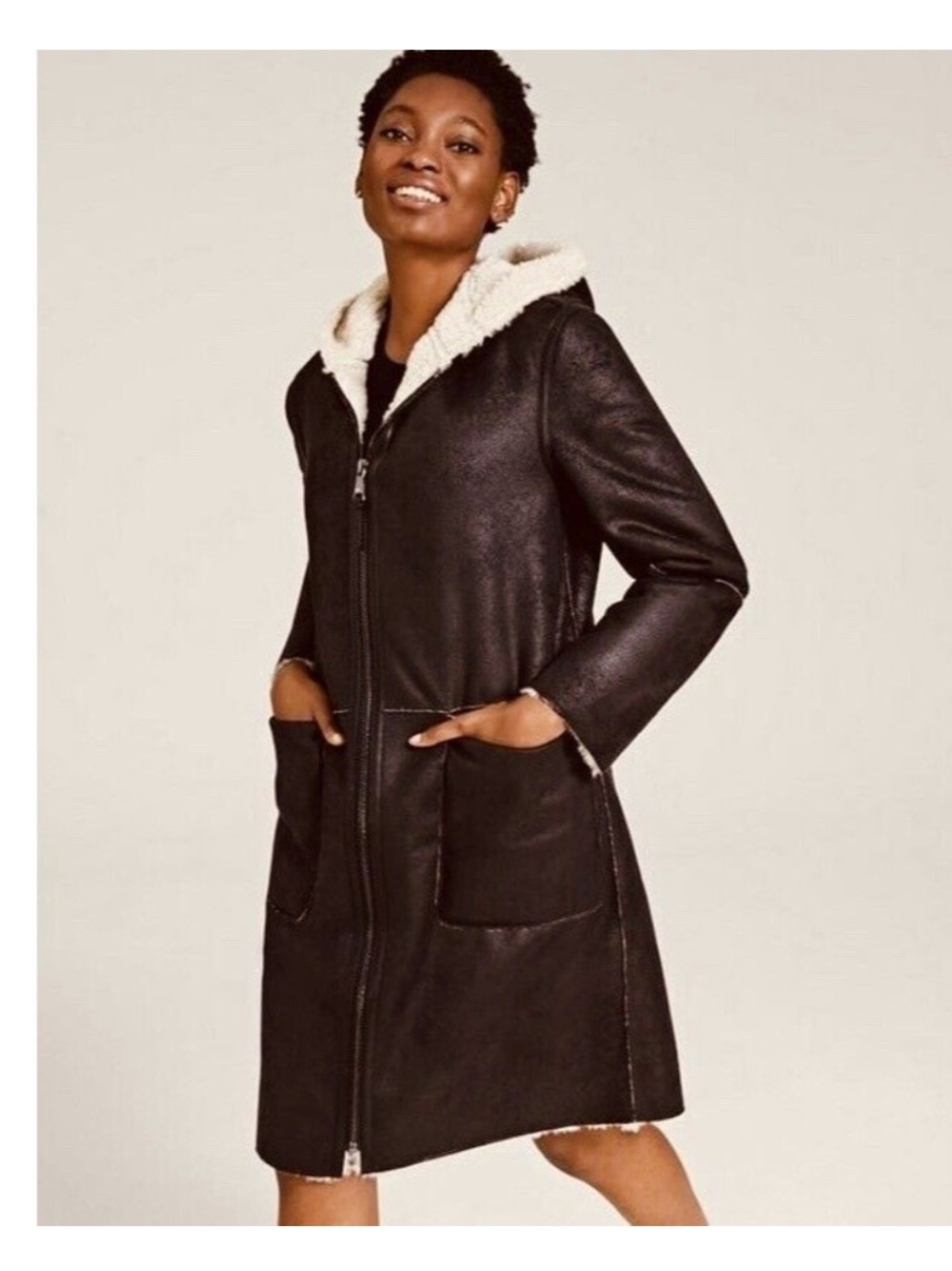 DKNY Faux Suede Sherling Front Zip Mid Length Coat size Small - Picture 6 of 13